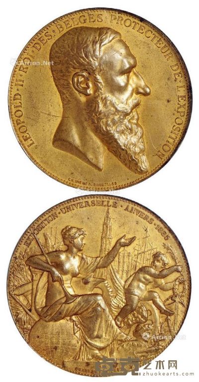 1885年比利时安特卫普世界博览会铜鎏金纪念章一枚 直径6.0cm