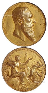 1885年比利时安特卫普世界博览会铜鎏金纪念章一枚