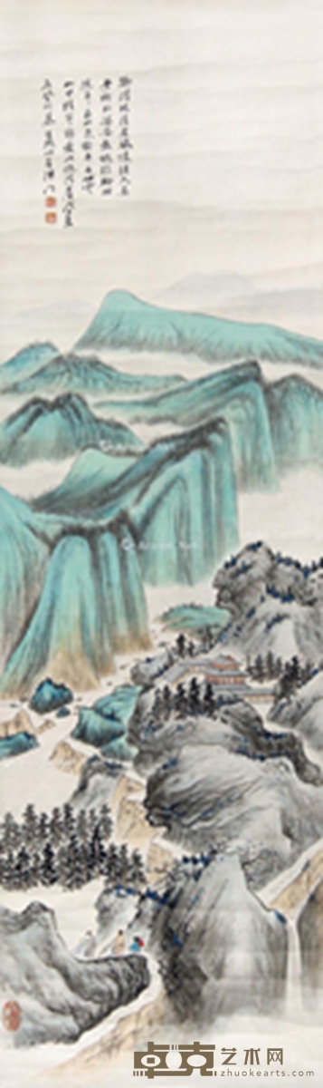 戊子（1948年）作 青绿山水 镜心 设色纸本 116×35cm