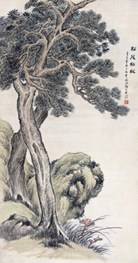 辛酉（1921年）作 松茂柏悦 立轴 设色纸本