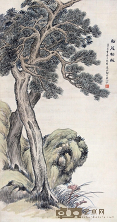 辛酉（1921年）作 松茂柏悦 立轴 设色纸本 151×80cm