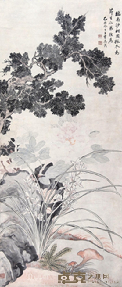 乙酉（1885年）作 花卉 立轴 设色纸本 116×49cm