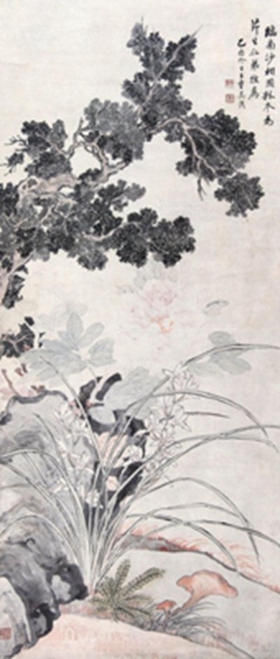 乙酉（1885年）作 花卉 立轴 设色纸本