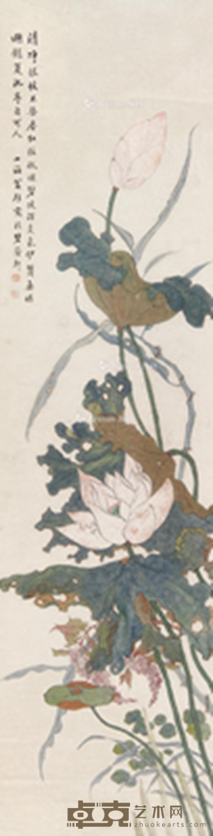 荷花 立轴 设色纸本 123×32cm