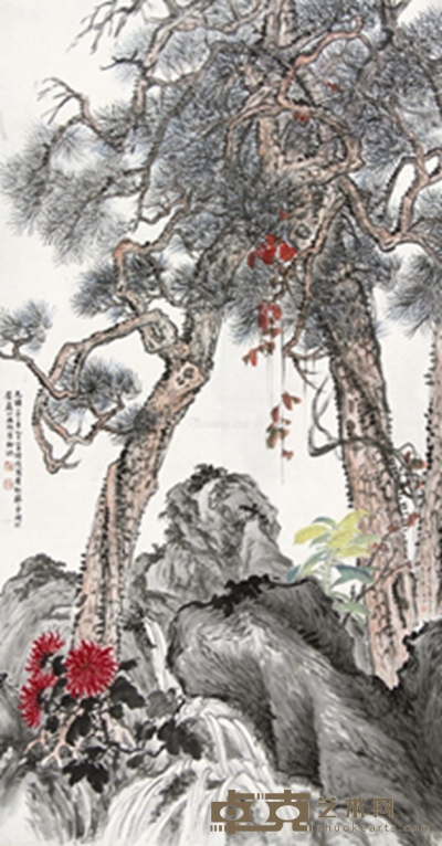 乙巳（1905年）作 松菊涧水 镜片 设色纸本 178×94cm