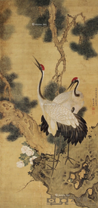 己未（1739年）作 松鹤延年 镜片 设色绢本 192×91cm