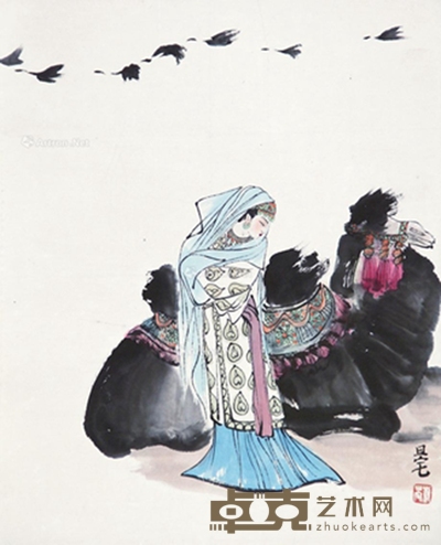 明驼出塞图 立轴 设色纸本 53×43cm
