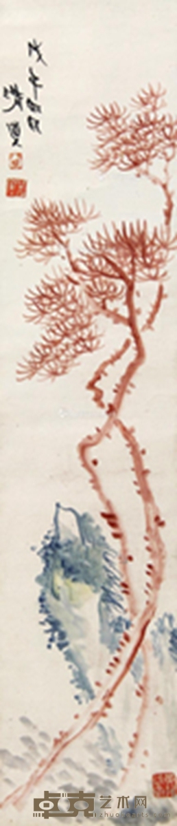 戊午（1918年）作 松石图 立轴 设色纸本 104×22cm