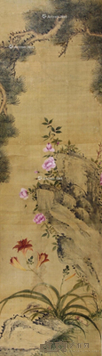 花卉 立轴 设色绢本 170×50cm