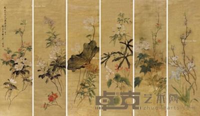 花卉 六屏立轴 设色绢本 117×33cm×6
