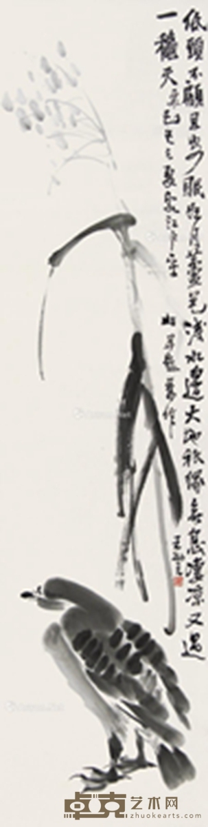 乙巳（1929年）作 芦雁图 立轴 水墨纸本 130×34cm