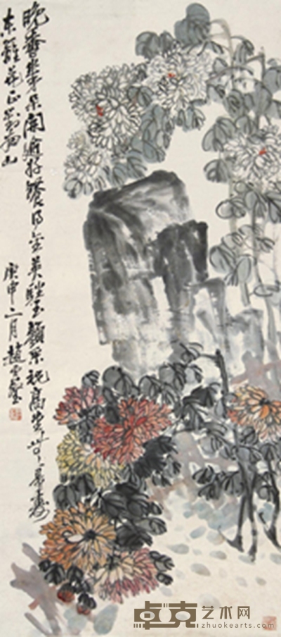 庚申（1920年）作 菊石图 立轴 设色纸本 132×58cm