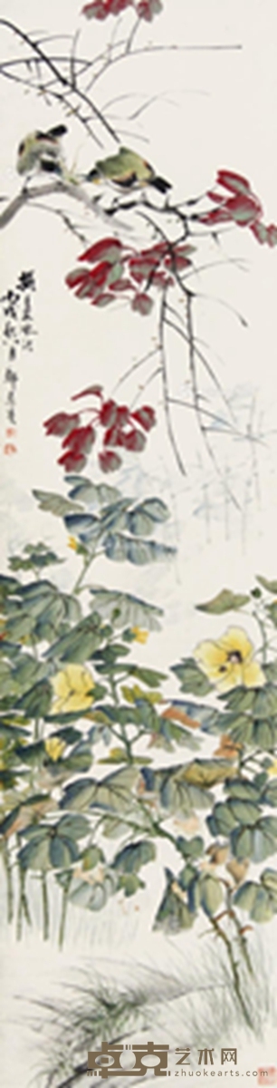 丙戌（1946年）作 花鸟 立轴 设色纸本 133×33cm