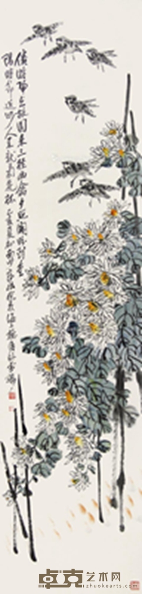 乙亥（1935年）作 花鸟 立轴 设色纸本 141×33.5cm