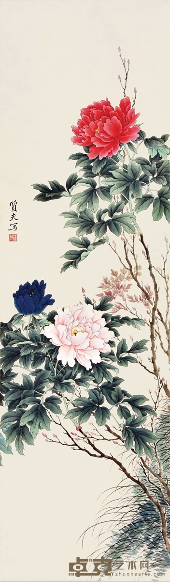 钟质夫 牡丹富贵 118×35cm 约3.72平尺