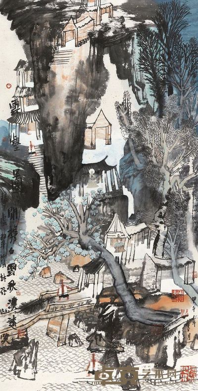 姚鸣京 云壑图 136.5×67cm
