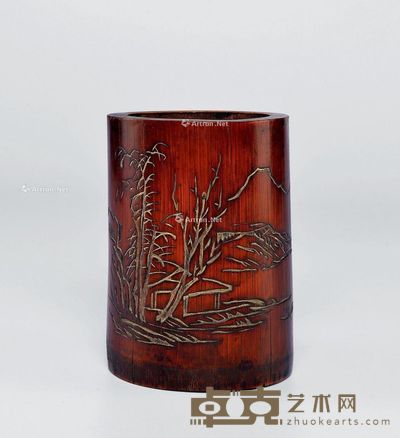 清 竹刻山水纹笔筒 高13cm;直径9.2cm