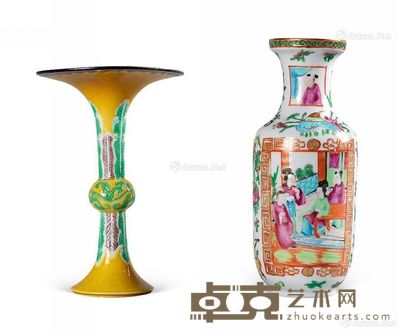 清 广彩仕女纹瓶 素三彩花觚 高19cm;16cm