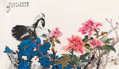 周公理 牡丹双鸽图 镜片 设色纸本