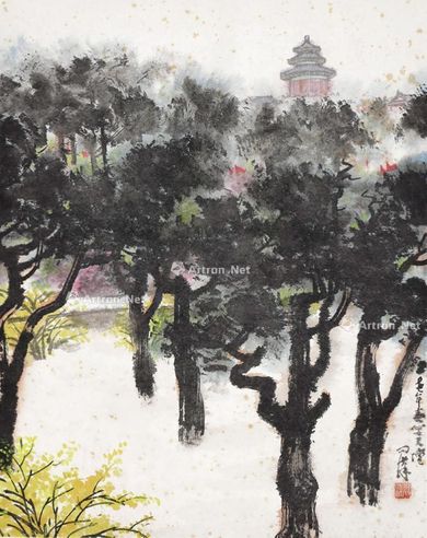 李问汉 天坛 挂轴 设色纸本
