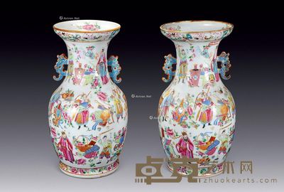 清 广彩水浒人物瓶 (一对) 高37cm×2