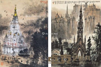 张彦 山村佛塔?斯科特纪念碑 47×34cm×2