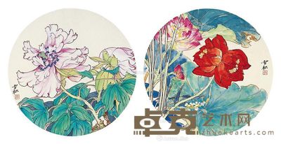 李雪松 牡丹图·莲开并蒂夜 直径30.5cm×2
