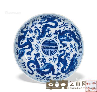 清雍正 青花云龙纹捧寿纹盘 直径16.2cm