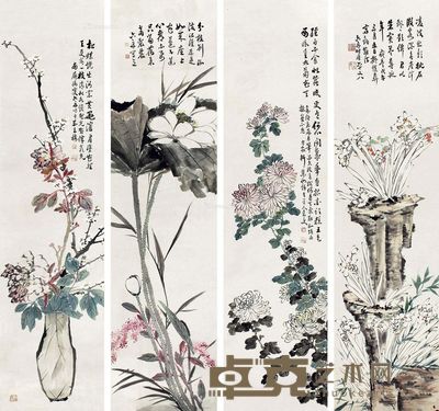 六舟 花卉 110×30cm×4?