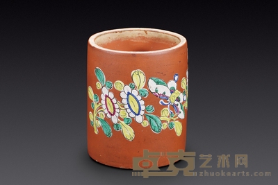 民国 紫砂加彩笔筒 高:10.5cm 口径:8.5cm