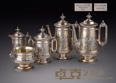 1862年 美国Medallion款式茶具五件套 高:28.5cm 27cm 19.7cm 21.1cm 10.6cm 总重:3832g 材