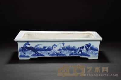 清中期 青花八骏图方盆 长:41cm 宽:29cm 高:10cm