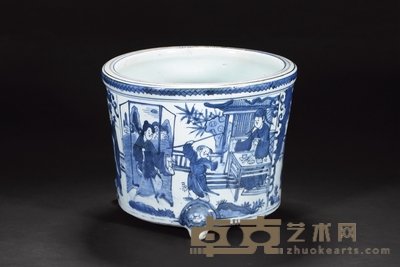 明万历 青花人物三足炉 高:19cm 口径:24cm
