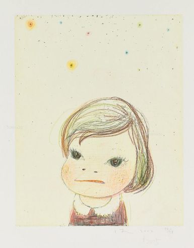 奈良美智 2002及2005年作 无题 镜框 彩色铅笔绘于版画上