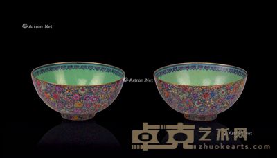 民国 满花落地粉彩花卉碗 （一对） 直径12.7cm