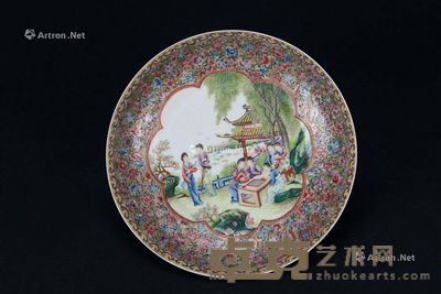 民国 粉彩满花落地开光人物碟 直径18.3cm