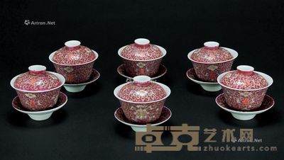 民国 红底纒枝纹盖座杯 (一组六件) 高8.6cm