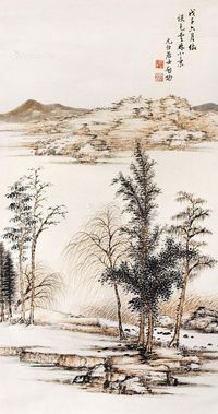 仿倪瓒山水 轴心 设色纸本