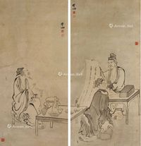 人物 （二幅） 轴心 水墨纸本