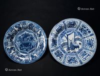 清 青花八块图碟 （一组二件）