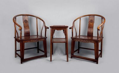 近代 海南黄花梨木 螭龙纹圈椅组