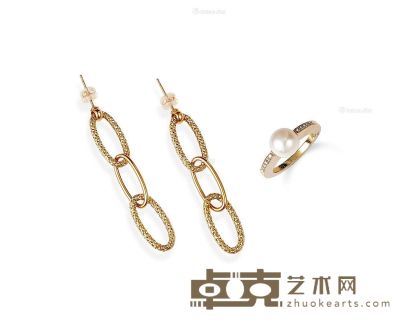 黄18K金耳环、Akoya珍珠戒指 （一组） --