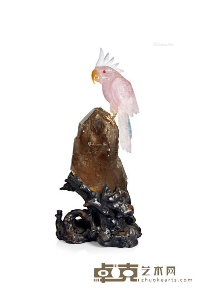 天然粉晶烟晶「鹦鹉」摆件 高含座36.5cm