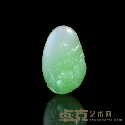 殷小金  和田玉翠青花开富贵 4.8×3.0×1.3cm