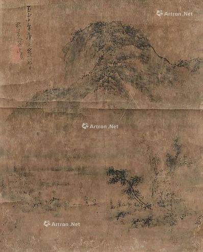 吴镇 庚寅（1350年）作 携琴访友图 镜框 水墨绢本