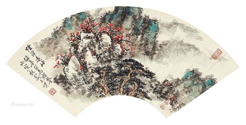 俞子才 丙寅（1986年）作 烟浮远岫扇面 镜片 设色纸本