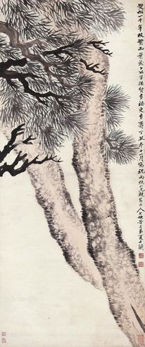 夏士兰 丁丑（1877年）作 双松图 立轴 设色纸本