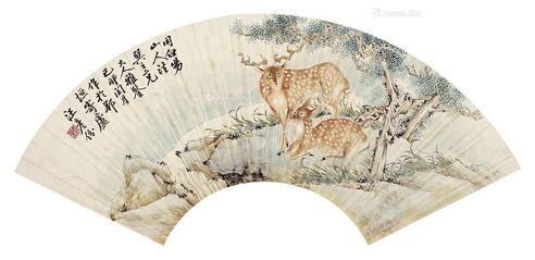 汪彦份 己卯（1879年）作 梅花鹿扇面 镜片 设色纸本