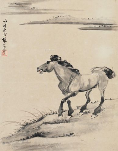 张一尊 乙酉（1945年）作 牧马图 立轴 水墨纸本