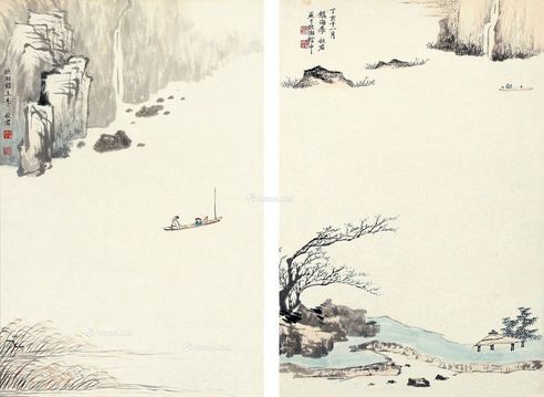 李秋君 丁亥（1947年）作 山水 （两帧） 镜片 设色纸本